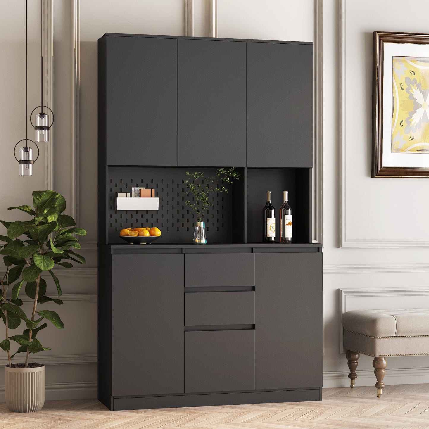 Elegant 74" Black Kitchen Pantry Cabinet with Versatile Storage Solutions, 6 Doors, 3 Shelves & 2 Drawers, Perfect for Kitchen, Laundry, or Craft Room