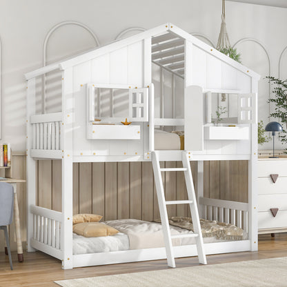 Charming Twin Over Twin House Bunk Bed with Roof and Window Features, Safety Guardrails and Ladder, White