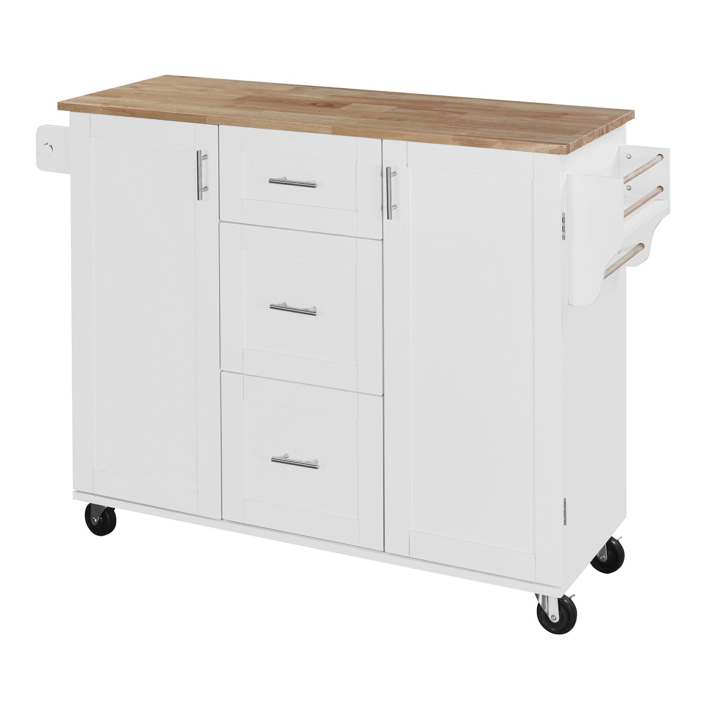 K&K Multi-Function Rolling Kitchen Cart with Storage, Rubber Wood Top, 3 Drawers, 2 Slide-Out Shelves, and Spice Rack, White