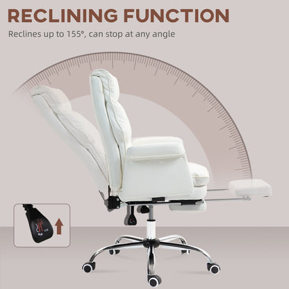 Modern White PU Leather Ergonomic Office Chair with Footrest, Reclining and Swivel Features