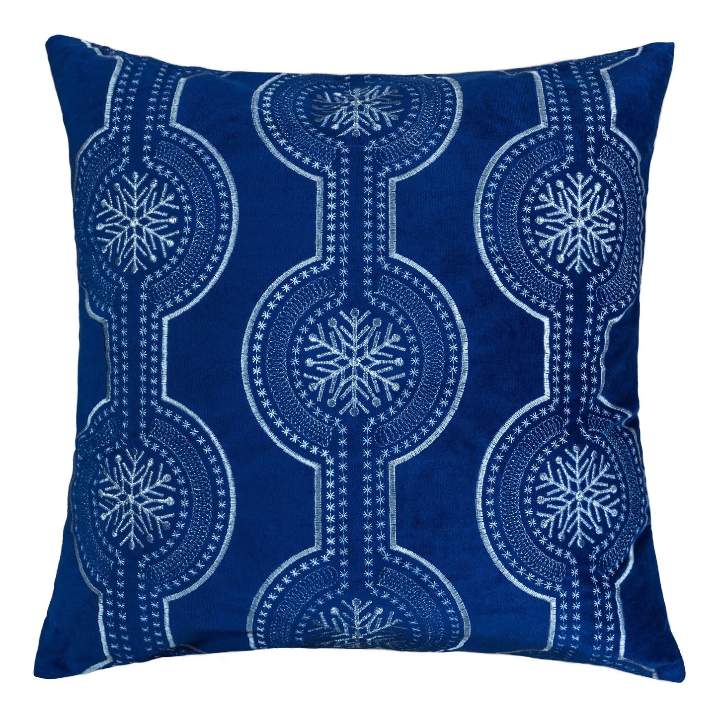20x20 Velvet Throw Pillow with Snowflake Embroidery, Polyester Fill Insert, Hidden Zipper, Holiday blue