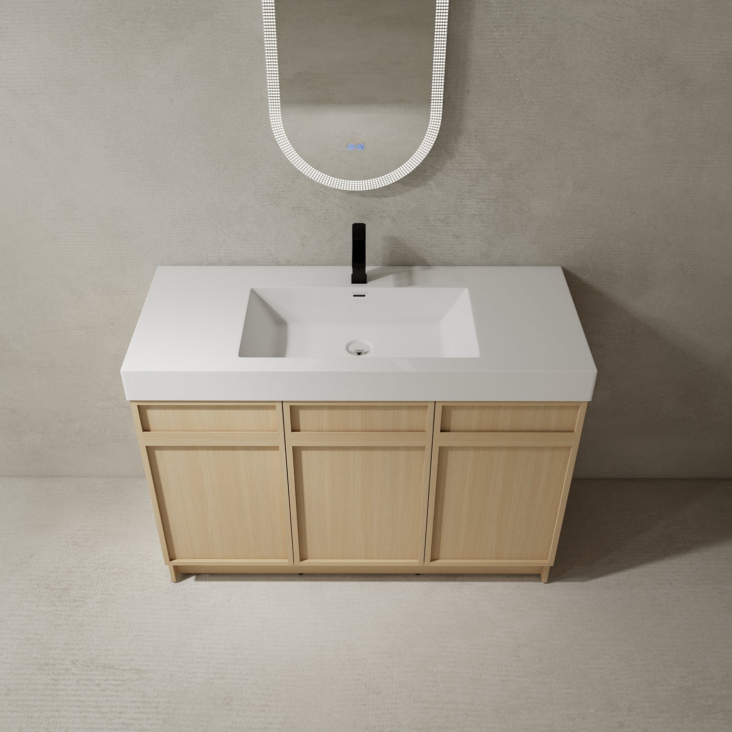 Modern 48" Freestanding Oak Bathroom Vanity with White Resin Sink & Soft-Close Doors