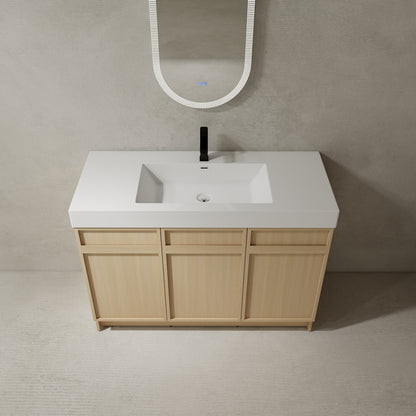 Modern 48" Freestanding Oak Bathroom Vanity with White Resin Sink & Soft-Close Doors