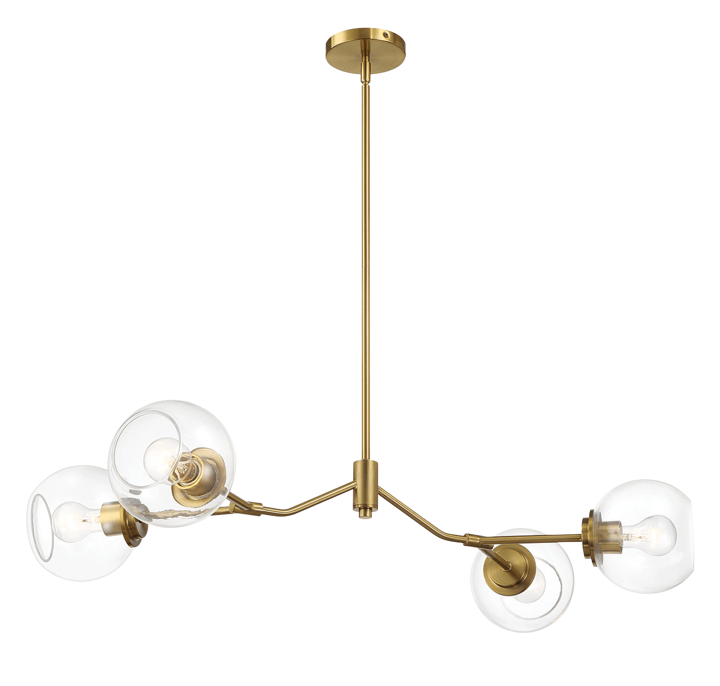 Four-Light Modern Farmhouse Chandelier for Kitchen Island and Dining Room, 36in L x 20in W x 7.25in H, Brass Frame, Clear Glass