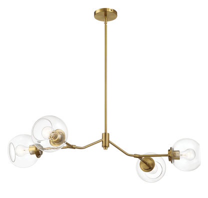 Four-Light Modern Farmhouse Chandelier for Kitchen Island and Dining Room, 36in L x 20in W x 7.25in H, Brass Frame, Clear Glass