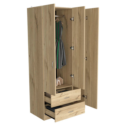 Modern Light Oak & Black 3-Door Armoire with Shelves, Drawers, and Hanging Rod