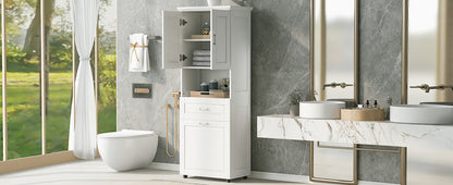 White Tall Storage Cabinet with Tilt-Out Laundry Hamper and Upper Shelves
