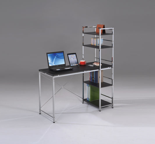 Modern Black & Chrome Industrial Writing Desk with Open Shelving