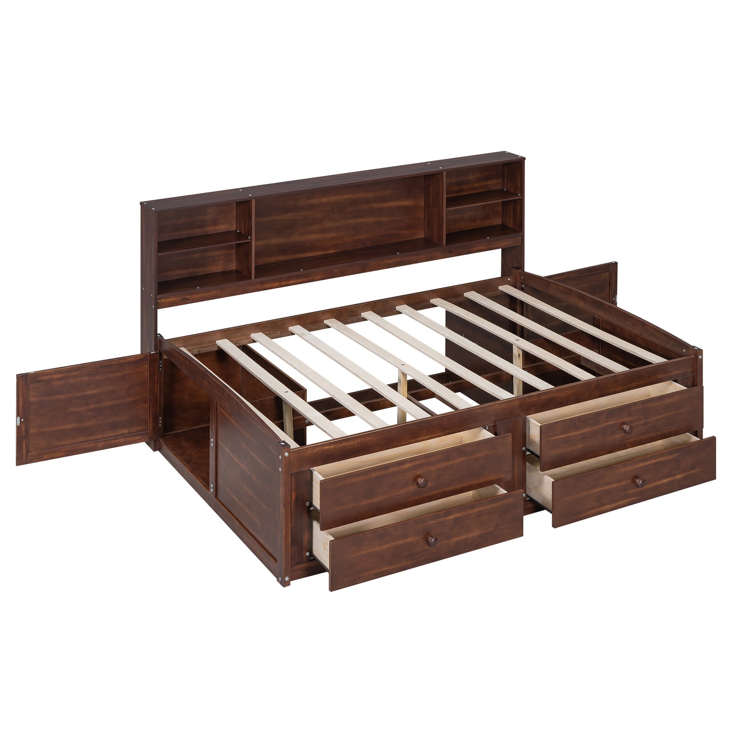 Elegant Antique Brown Full Size Wooden Captain Bed with Ample Storage and Built-in Shelves