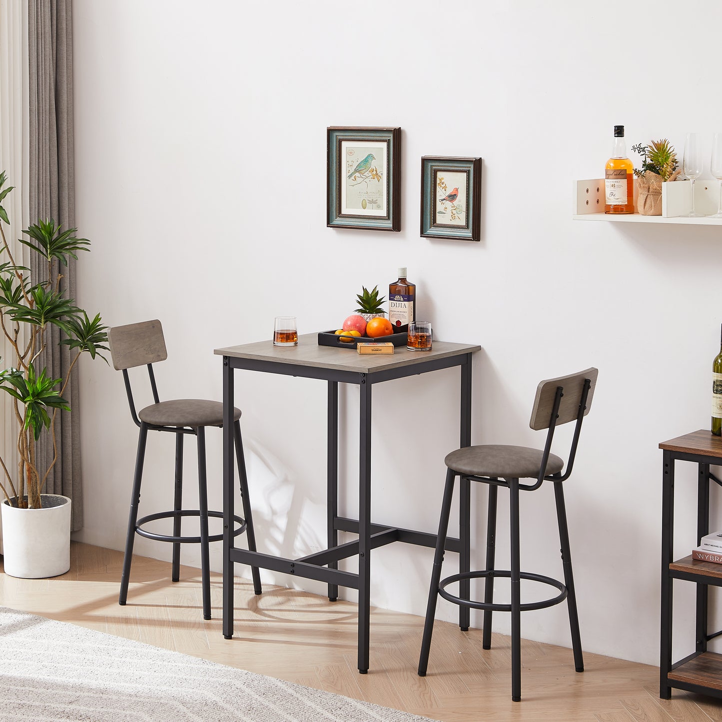 Bar Table Set with 2 Backrest Stools, Rustic PU Cushions, Space-Saving Dining for Kitchen or Bar Grey