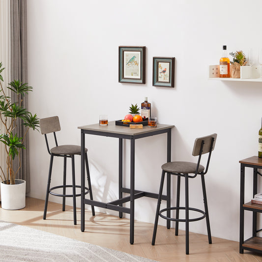 Bar Table Set with 2 Backrest Stools, Rustic PU Cushions, Space-Saving Dining for Kitchen or Bar Grey