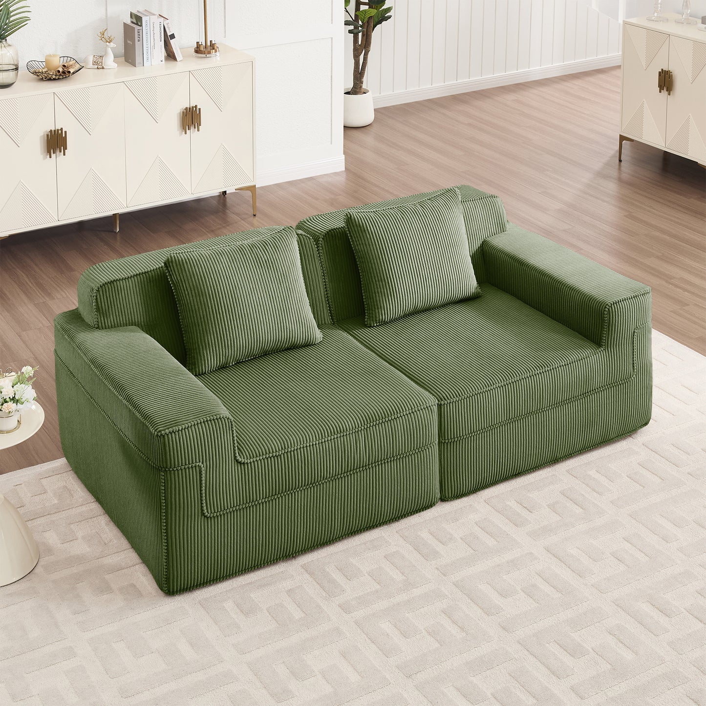 Corduroy Modular 2-Seat Boneless Sectional Sofa with Deep Cushions, Throw Pillows, Living Couch Green