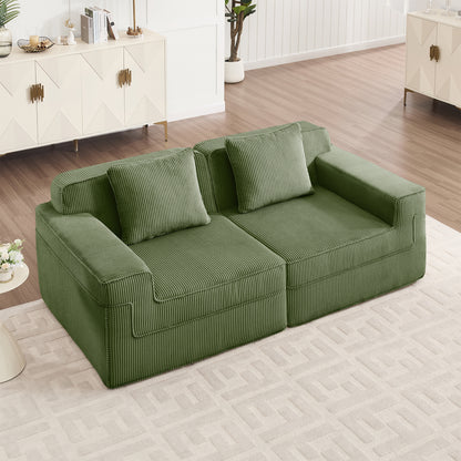 Corduroy Modular 2-Seat Boneless Sectional Sofa with Deep Cushions, Throw Pillows, Living Couch Green