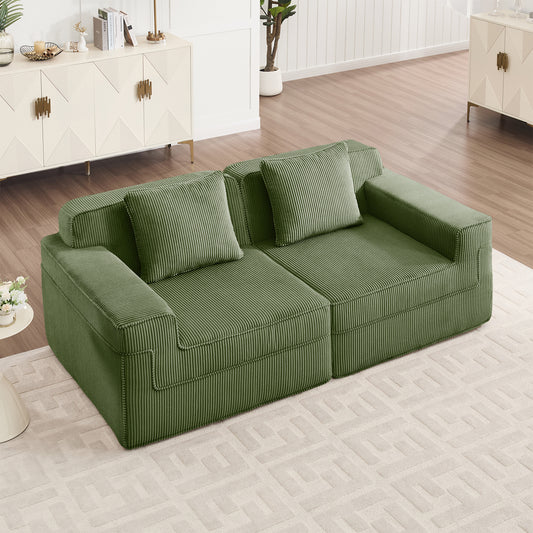Corduroy Modular 2-Seat Boneless Sectional Sofa with Deep Cushions, Throw Pillows, Living Couch Green