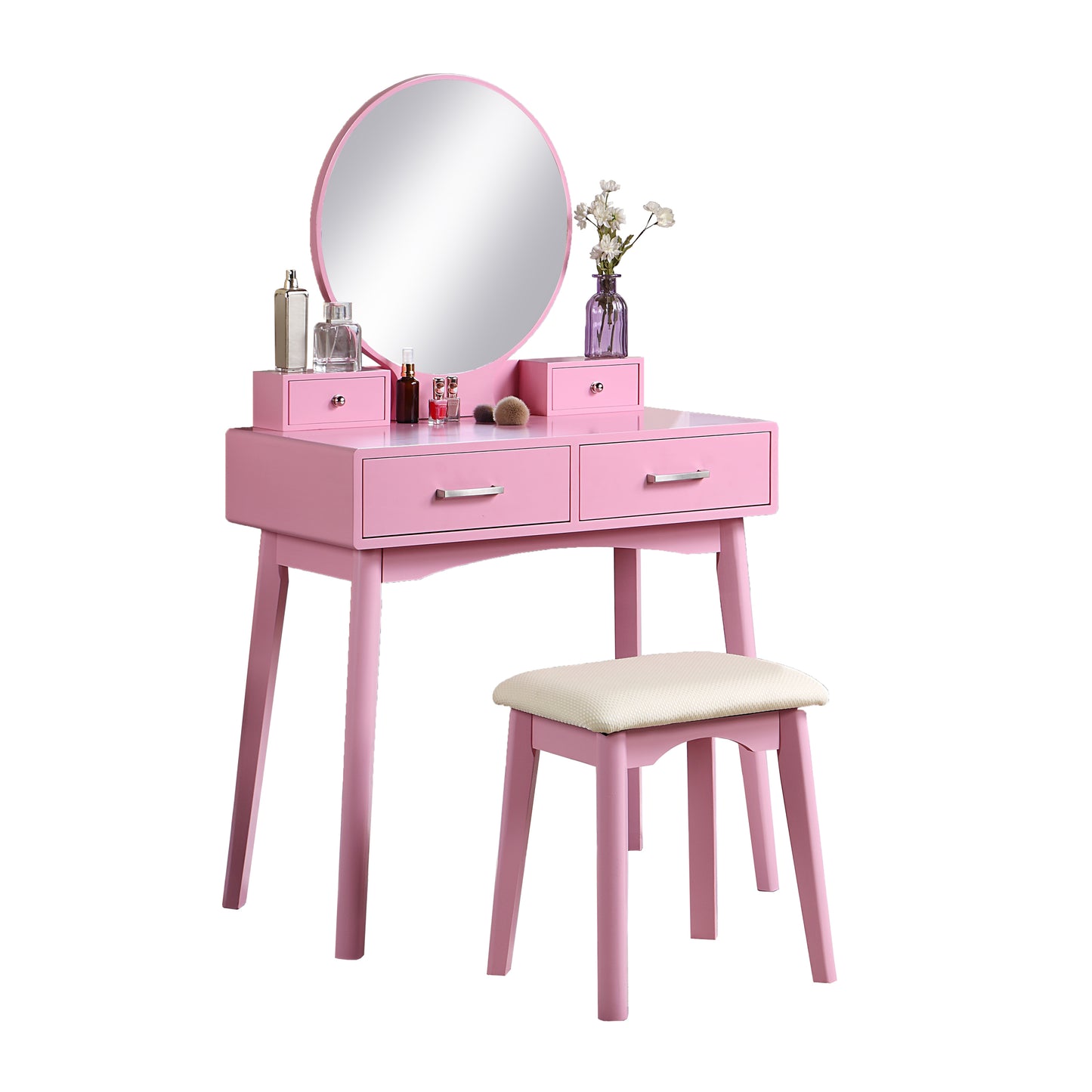 Contemporary Wood Vanity and Stool Set for Bedroom Dressing Area, Makeup Desk with Storage Drawers Pink