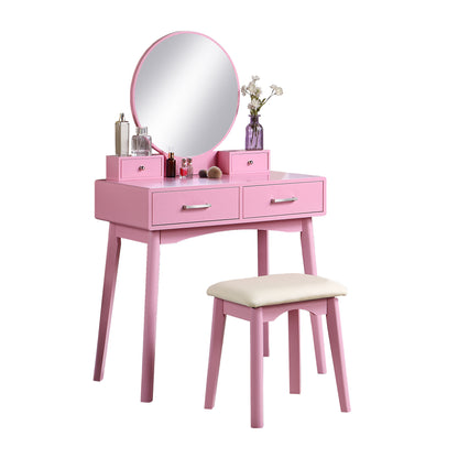 Contemporary Wood Vanity and Stool Set for Bedroom Dressing Area, Makeup Desk with Storage Drawers Pink