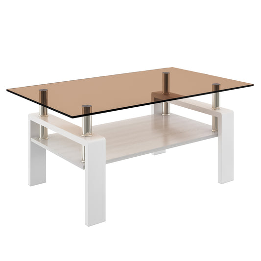 Rectangular Coffee Table with Tempered Glass Top & Iron Legs, Living Room, Easy Assembly - Brown + White
