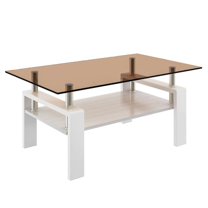 Modern Rectangular Coffee Table with Tempered Glass, 39.2in L x 23.4in W, MDF Shelf, Brown and White