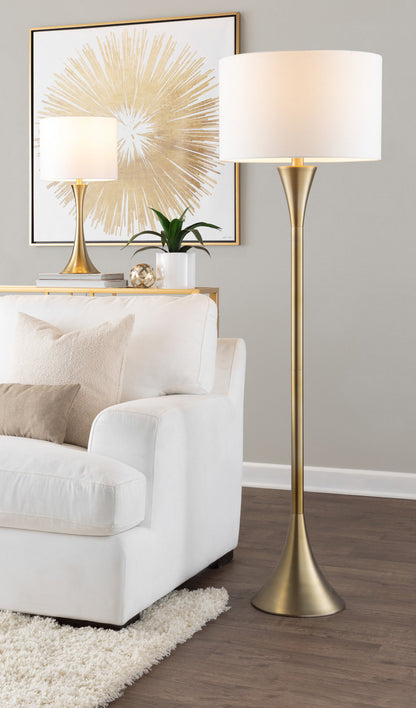 65-Inch Contemporary Metal Floor Lamp with White Linen Shade, Base, 3-Way Socket, UL Listed, Gold Finish
