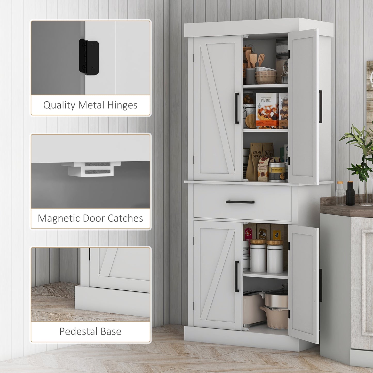 Elegant White Farmhouse Kitchen Pantry Cabinet with Adjustable Shelves and Barn Doors