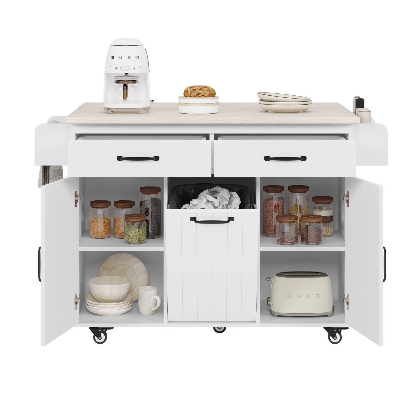 Rolling White Kitchen Island with Drop Leaf and Tilt-out Trash Can Storage, Spice Rack & Towel Rack