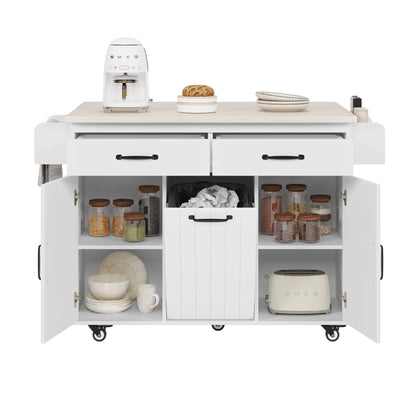 Rolling White Kitchen Island with Drop Leaf and Tilt-out Trash Can Storage, Spice Rack & Towel Rack