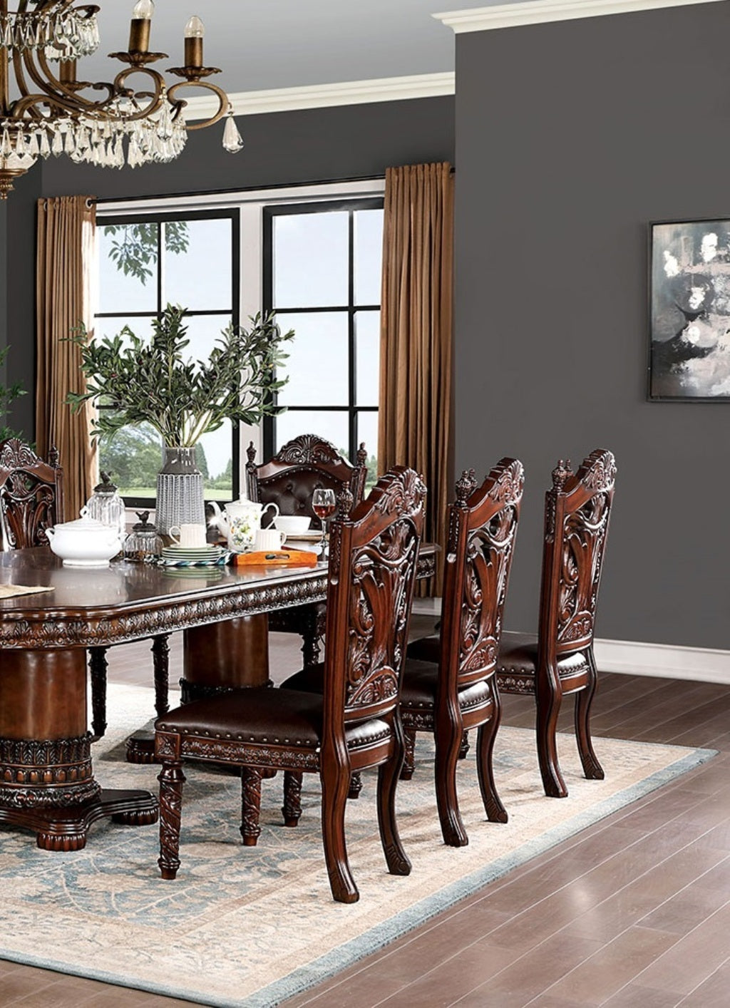 Traditional Dining Side Chair Set of 2, Solid Wood, Leatherette, Carved Back, Nailhead Trim Dark Brown
