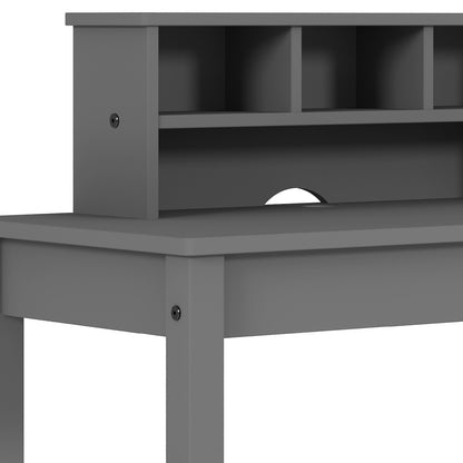 Sleek Gray Wood Writing Desk with Hutch and Cable Management
