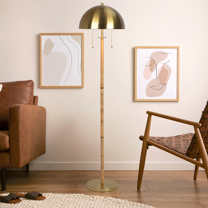 2-Light Floor Lamp with Natural Rattan Tube, 57.5-Inch, Double Pull Chain, Living Room Gold Brass Finish