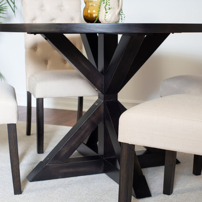 Round Cross Buck Dining Table With Four Modern Chairs Set