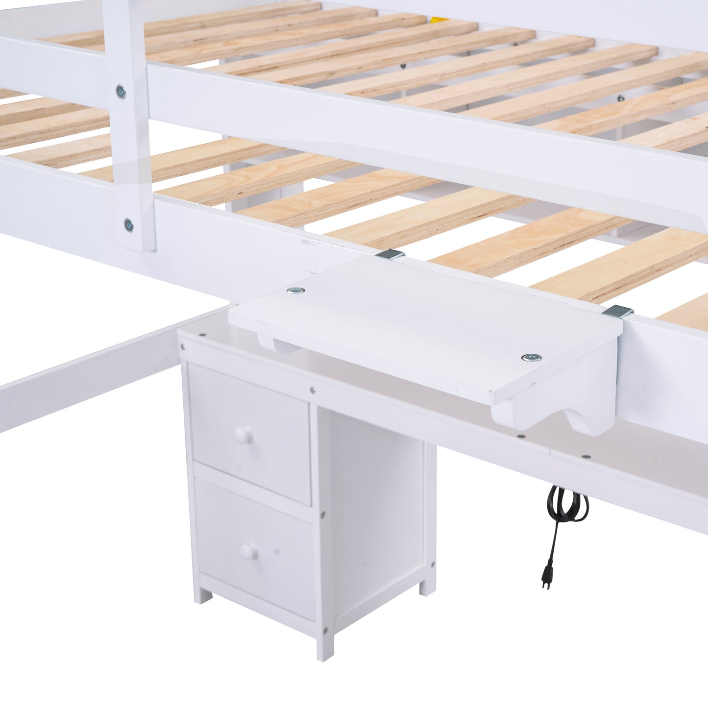 White Full Size Loft Bed with Integrated Desk, Storage Drawers, Bedside Tray, and Charging Station