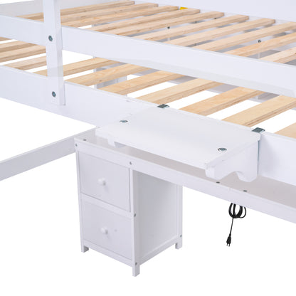 White Full Size Loft Bed with Integrated Desk, Storage Drawers, Bedside Tray, and Charging Station