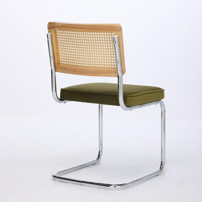 Set of 2 Velvet Dining Chairs with Rattan Back and Cantilever Chrome Base, Mid-Century Style, Olive Green