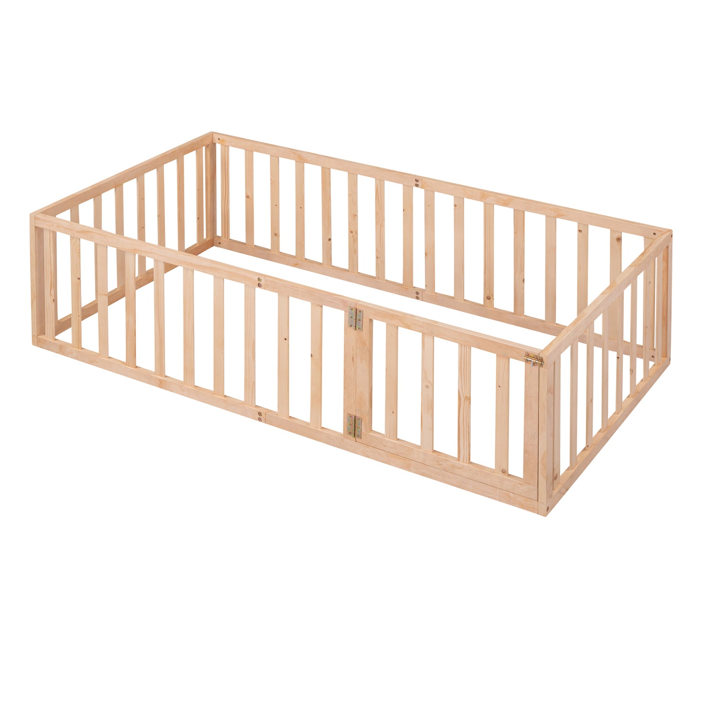 Natural Twin Size Wooden Floor Bed Frame with Playful Fence and Door