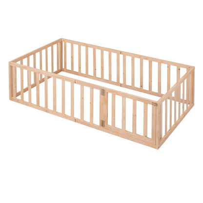 Natural Twin Size Wooden Floor Bed Frame with Playful Fence and Door