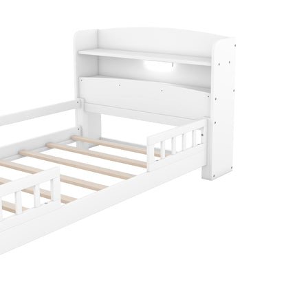 Elegant White Twin Platform Bed with LED Light, Storage Headboard, and Safety Guardrails