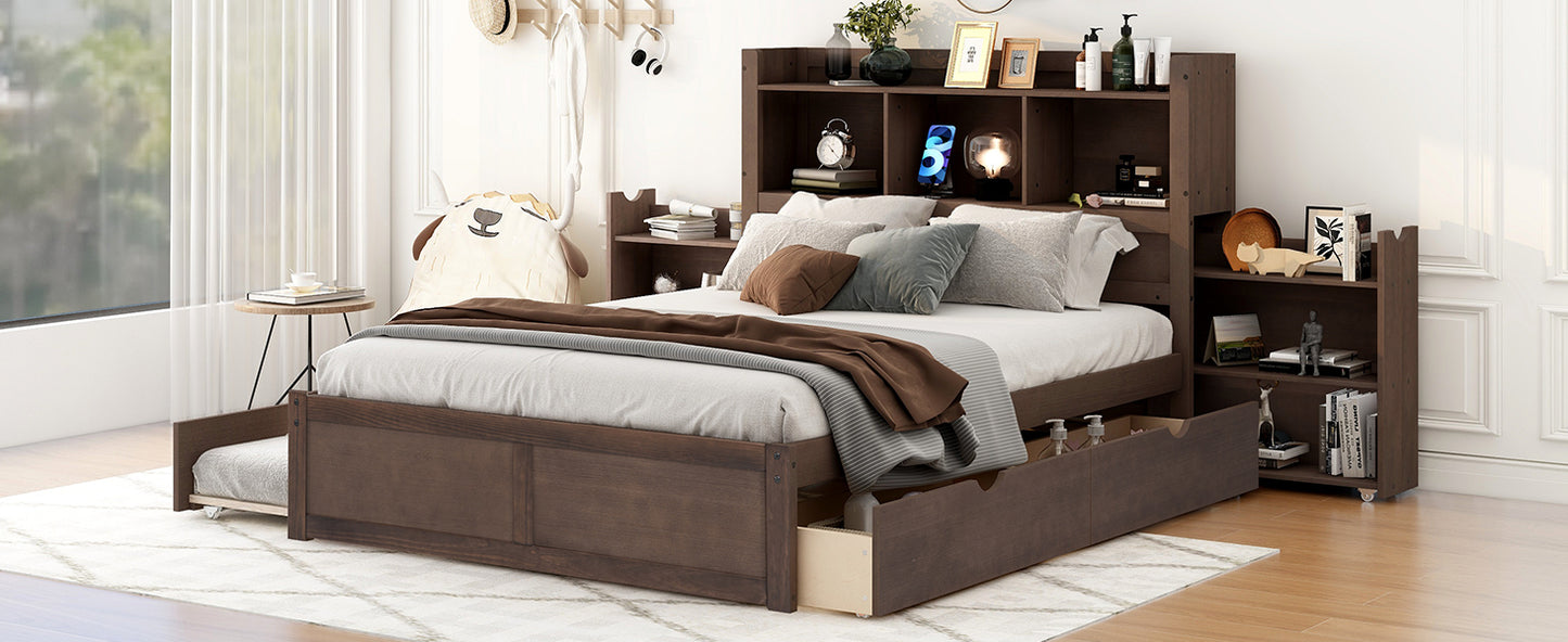 Espresso Full Size Storage Bed with Trundle and Dual Drawers, Pull-Out Shelving System