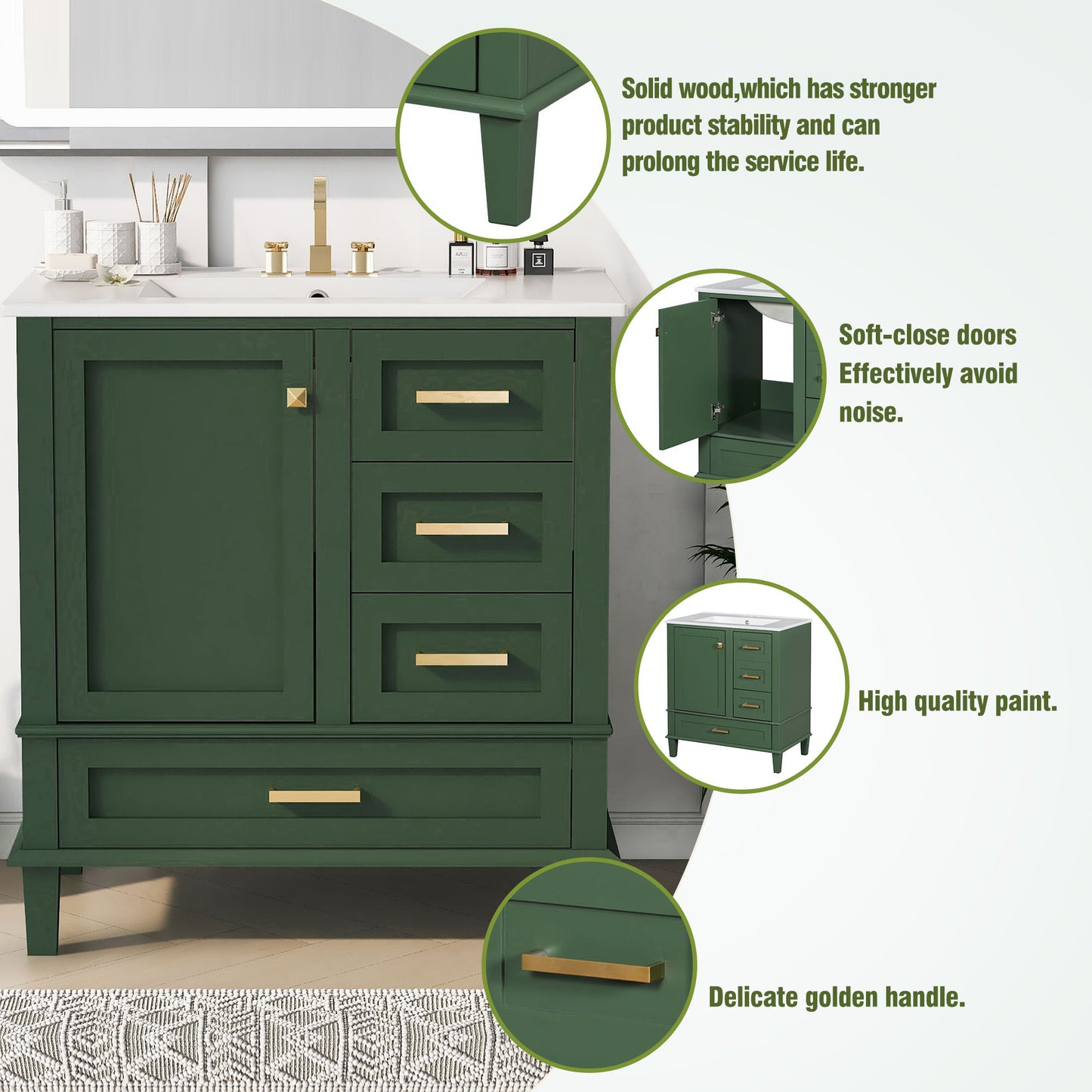 30" Stylish Green Bathroom Vanity with Soft-Close Doors and Sink Combo, Modern Cabinet Featuring 3 Spacious Drawers and Solid Wood Frame