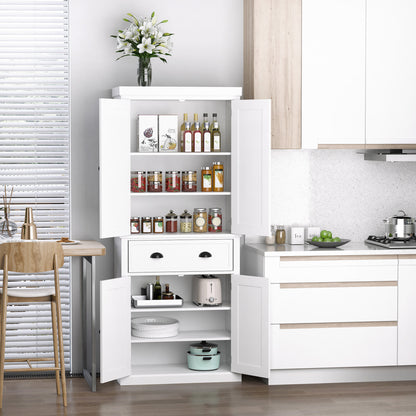 Elegant 72" White Freestanding Kitchen Pantry Cabinet with Adjustable Shelves and Drawer Storage