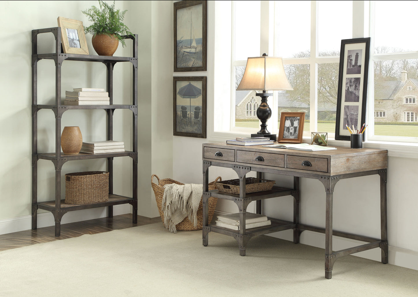Industrial-Style 3-Drawer Writing Desk in Weathered Oak and Antique Silver