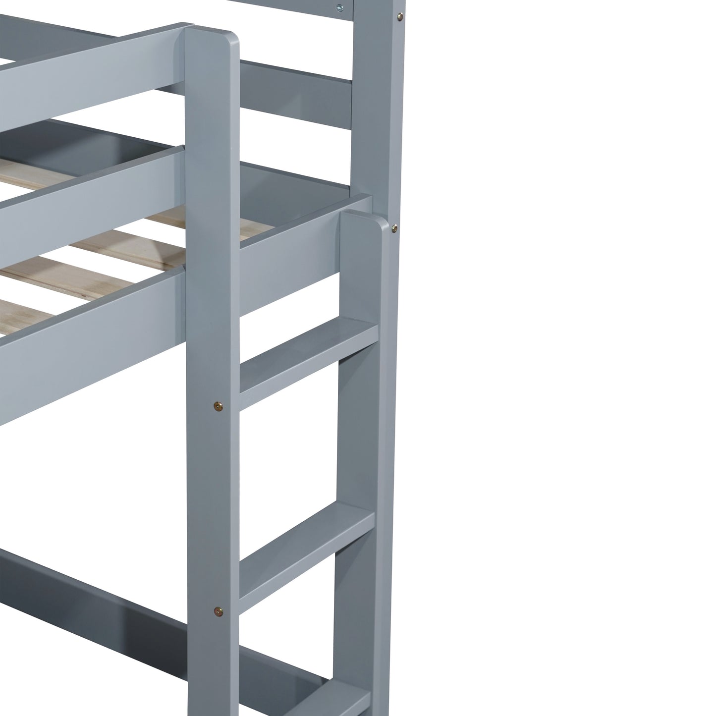 Durable Grey Twin over Twin Loft Bed with Ladder and Sturdy Slat Support