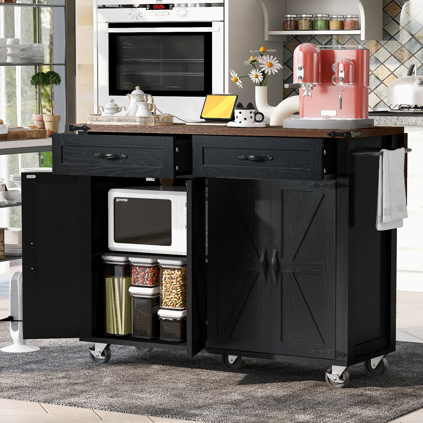 Rolling Farmhouse Kitchen Island with Power Outlet, Drop Leaf Design, Ample Storage, and Spice Rack - Black