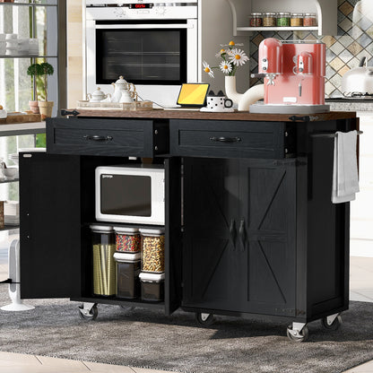 Rolling Farmhouse Kitchen Island with Power Outlet, Drop Leaf Design, Ample Storage, and Spice Rack - Black