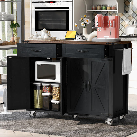 Rolling Farmhouse Kitchen Island with Power Outlet, Drop Leaf Design, Ample Storage, and Spice Rack - Black