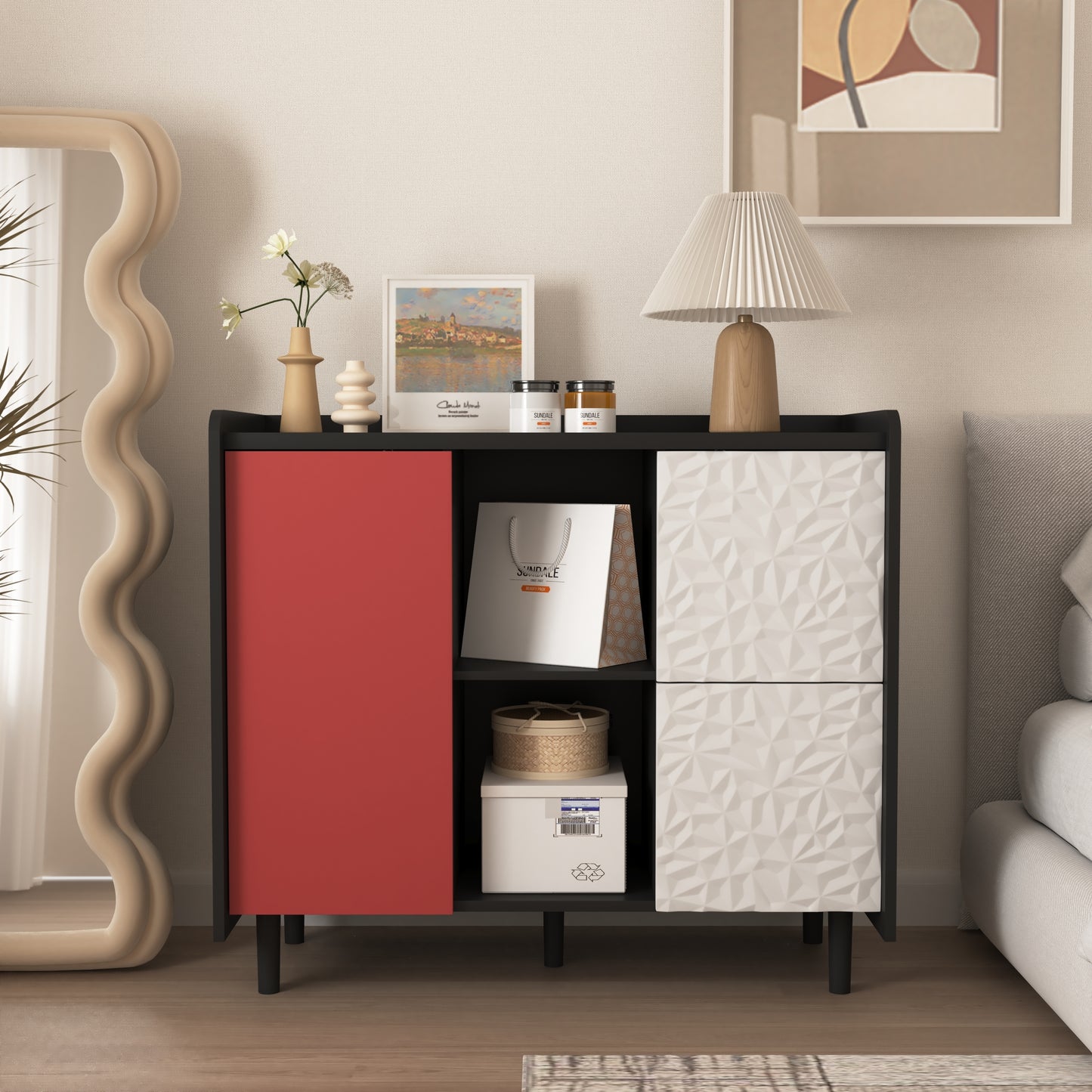 Sideboard Buffet Cabinet, Black Storage Cabinet with Red Doors , 2 Drawers with unique panel styling and 2 Open Storage Compartment, Modern Coffee Bar Cabinet Accent Cabinet for Kitchen, Dining Room,