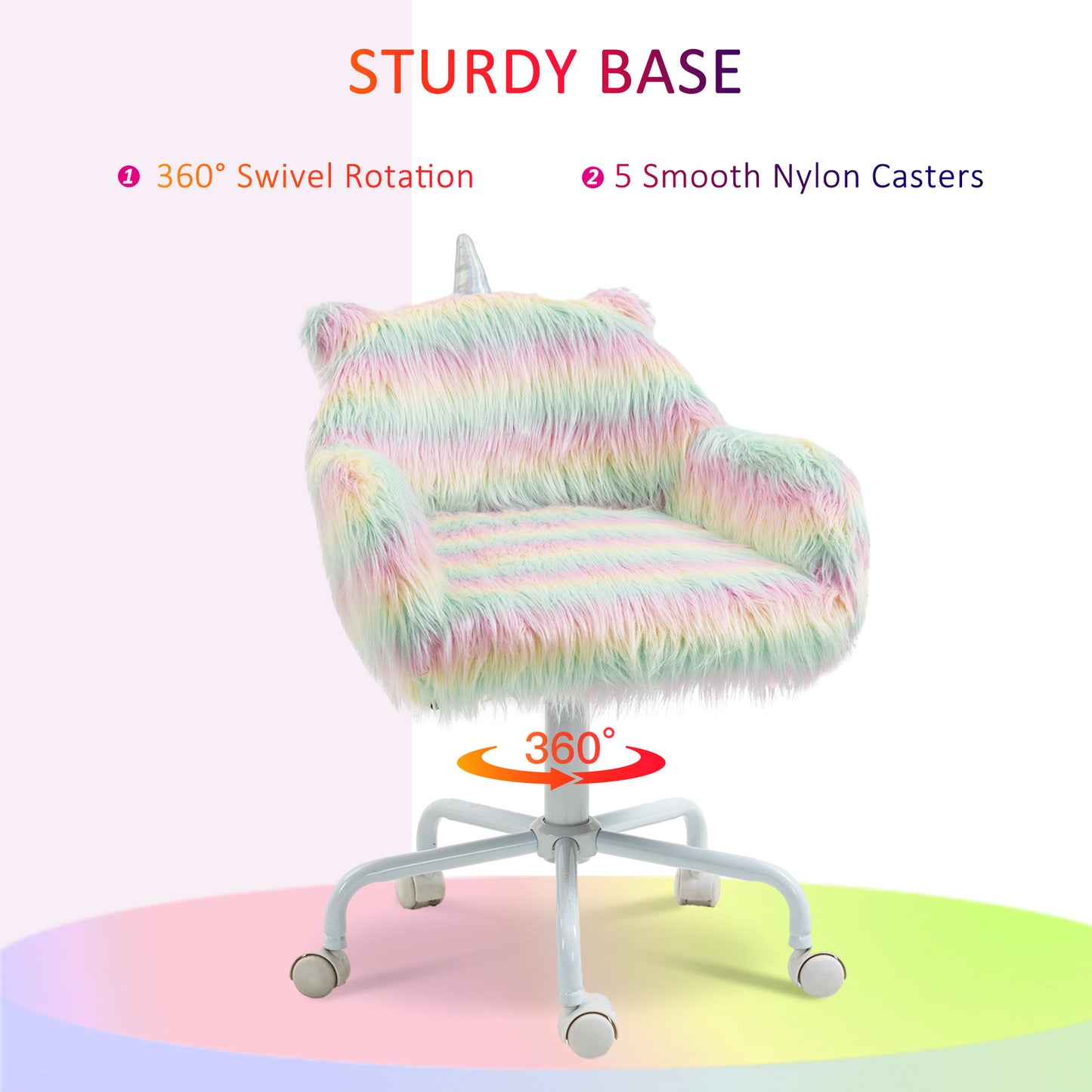 Colorful Fluffy Unicorn Desk Chair with Adjustable Height and 360° Swivel Base