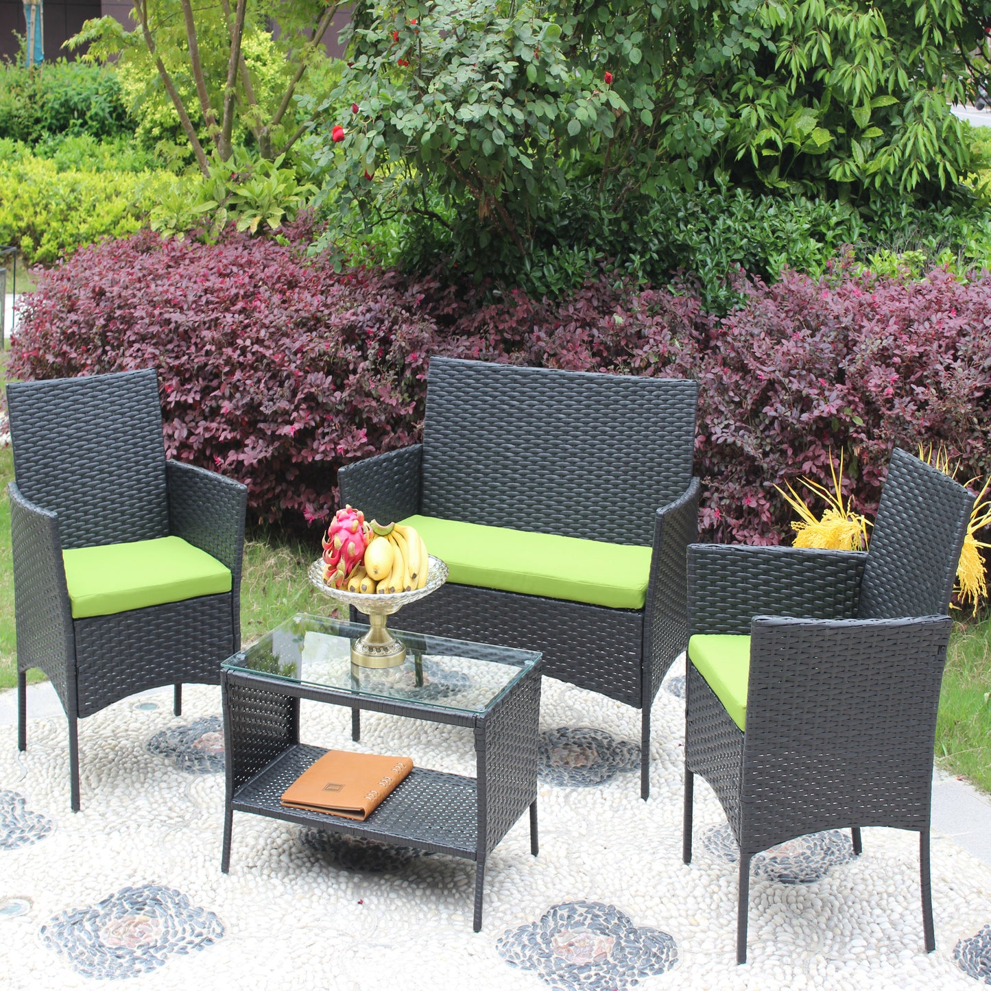 4 Piece Rattan Outdoor Patio Furniture Set With Cushioned Seats Wicker Sofa for Garden Balcony Comfort Green Cushions