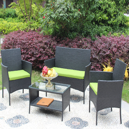 4 Piece Rattan Outdoor Patio Furniture Set With Cushioned Seats Wicker Sofa for Garden Balcony Comfort Green Cushions