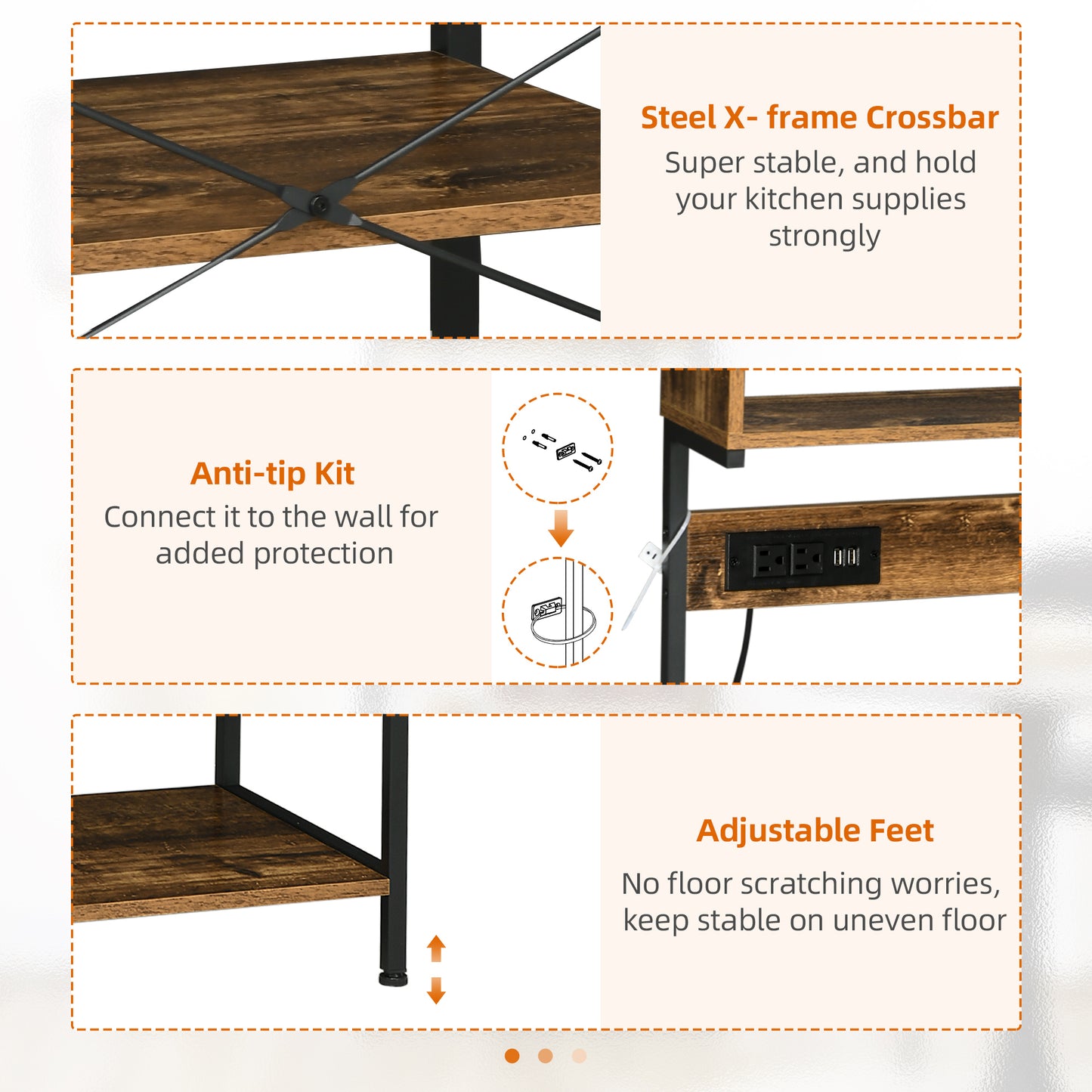 Rustic Brown Kitchen Bakers Rack with Power Outlet, USB Charging, Adjustable Shelves, and Coffee Bar Functionality