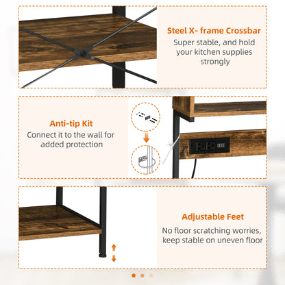 Rustic Brown Kitchen Bakers Rack with Power Outlet, USB Charging, Adjustable Shelves, and Coffee Bar Functionality